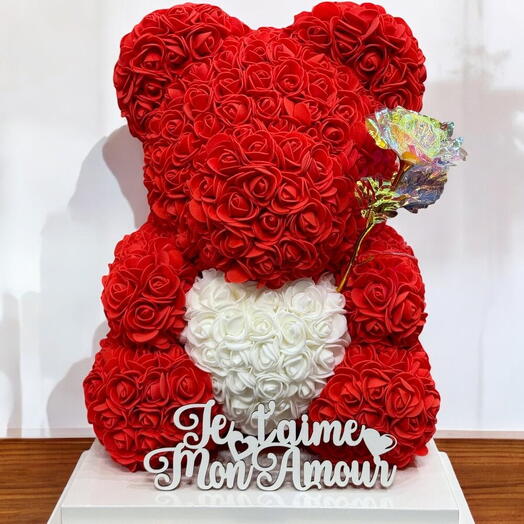 Ourson en rose rouge 40 cm