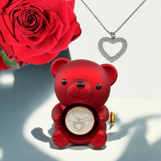 Teddy bear with stabilized eternal rose + jewelry