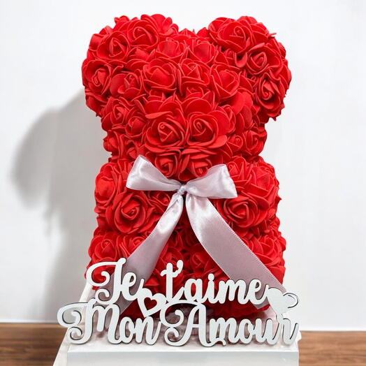 Ours en roses 25 cm avec inscription en bois « Je t aime mon amour »