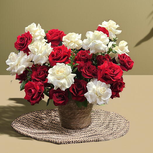 Basket with Red and White Hand-Reflexed Roses