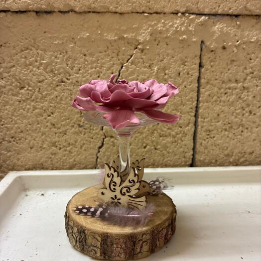 Camelia sur pied de verre socle en bois