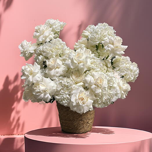 Basket with White Hydrangeas and Hand-Reflexed Roses
