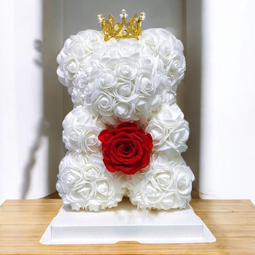 Ourson en rose avec rose eternelle stabilise