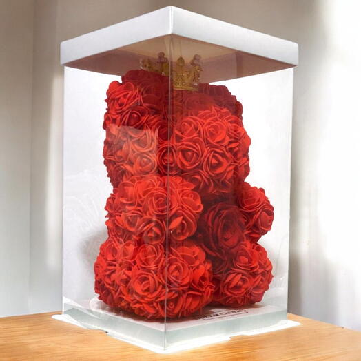 Red rose bear with eternal stabilized rose.