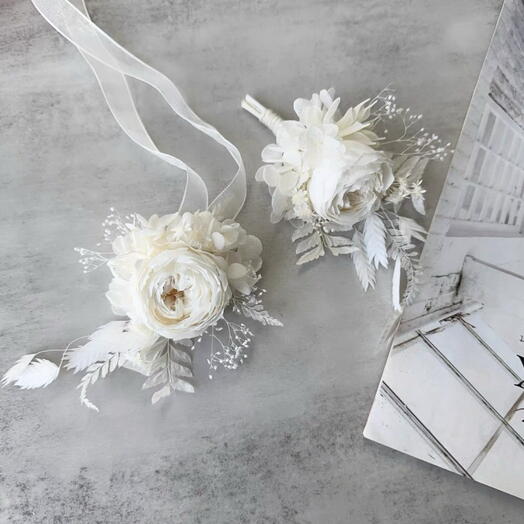 White Preserved Flower Boutonniere   Wrist Corsage Set