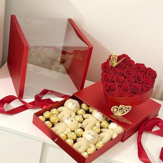 Rose eternelle stabilise avec nounours + chocolat