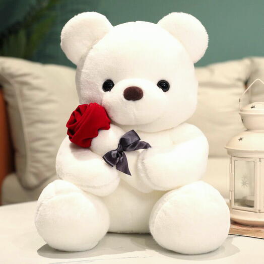 Ours en peluche blanc 25 cm avec rose rouge