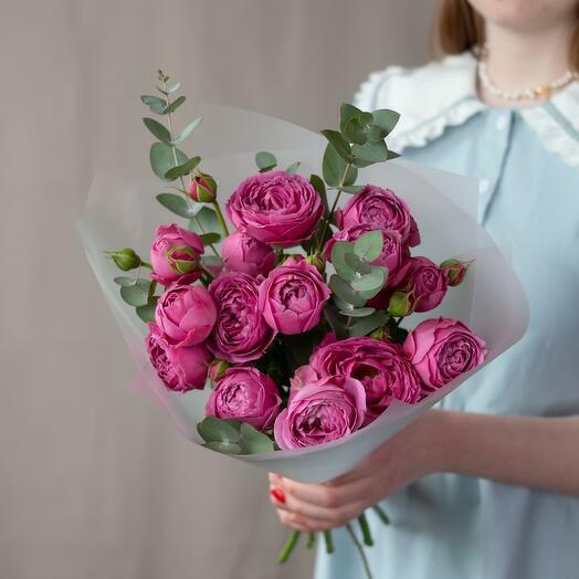 Bouquet of peony roses with eucalyptus