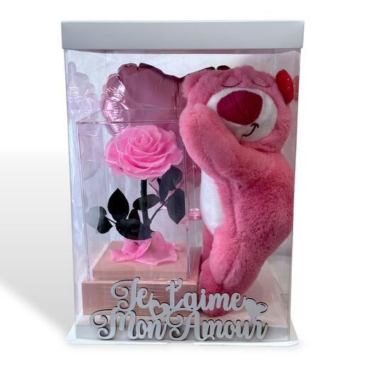 Coffret Cadeau Romantique – Ours en Peluche, Rose Eternelle et Ballon Cœur